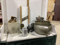 BOX OF COLLECTIBLE ITEMS - WHISKEY JUG - CRACKED, LANTERN BASE, OLD TOASTER - NO CORDS, MILK BOTTLES, CABBAGE SLICER