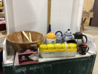 BOX W/ MISC HOUSEHOLD - MATCHING CANISTER & TEAPOT, BEAR COOKIE JAR, LARGE WOOD SALAD BOWL W/ SALAD FORKS