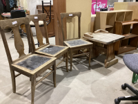 WOOD SIDE TABLE & (3) OLD CHAIRS