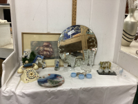 (3) BOXES W/ MISC DECOR - VINTAGE MIRROR, GLASS SWANS, CANDLE HOLDERS, PHONE CLOCK, VINTAGE FRAMES