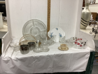 BOX OF CLEAR GLASSWARE, ROYAL ALBERT CAKE PLATE, TEA CUP & SAUCER, DRINKING GLASSES