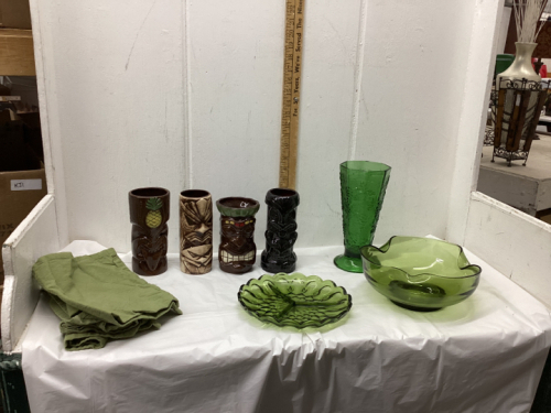 GREEN GLASSWARE & (4) TIKI MUGS