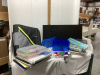 BOX OF OFFICE SUPPLIES - ACER MONITOR, BINDERS, PENCIL CASE W/HIGHLIGHTERS,