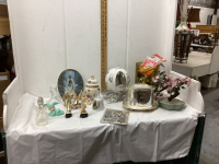 (2) BOXES W/ DECOR ITEMS - BELLS, CHERUBS, CANDLESTICKS HOLDERS, GLASS FOWER ORNAMENT, ETC