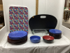 BOX OF MISC HOUSEHOLD ITEMS - LAP TRAYS & MISC DISHES, LOAF PANS,