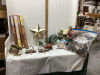 BOX OF DECOR - CHRISTMAS STAR, STOCKING HOLDERS, PINE CONES, SHELLS,