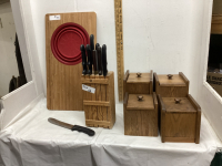 3 PIECES - CUTTING BOARD, KNIFE BLOCK, WOOD CANISTER SET