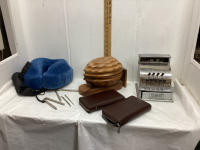 WOOD NUTCRACKER BOWL W/NUCTCRACKERS, METAL CASH REGISTER, TRAVEL PILLOW, CARD HOLDERS