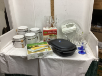 (2) BOXES W/ CANISTER SET, HAND MIXER, MARBLE CHEESE CUTTER, MINI POT