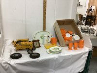 VINTAGE TOYS - RELIABLE KITCHEN DISHES, METAL TRACTORS, TRAVEL CLOCK