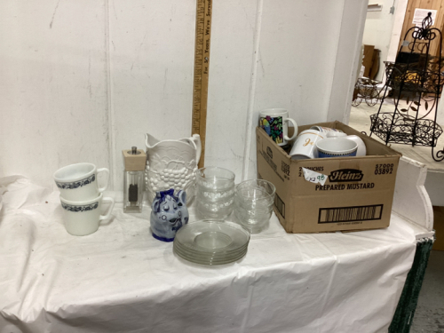 (2) BOXES W/ HOUSEHOLD ITEMS - MUGS, GLASS DISHES, PEPPER GRINDER