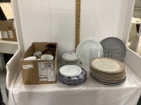 (2) BOXES W/ MISC DISHES, MUGS, DRINKING GLASSES