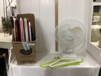 BOX OF HANGERS & TABLETOP FAN