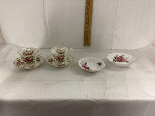 (2) ROYAL ALBERT TEA CUPS & SAUCERS -“ROSE” & (2) “PRAIRIE ROSE” SMALL DISHES