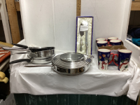 (2) BOXES W/ HOUSEHOLD ITEMS - CHRISTMAS MUGS, STAINLESS STEEL FRY PANS, PEWTER SERVING SET