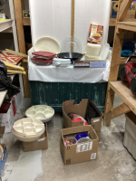 (3) BOXES W/ MISC HOUSEHOLD ITEMS - PLASTICWARE, STAINLESS STEEL BOWL, WOK, CAKE PANS, BACON BOWL MAKER