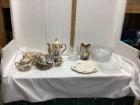 BOX OF MISC HOUSEHOLD - GLASS BOWLS, SERVING DISHES, TEAPOT SET, VASES,