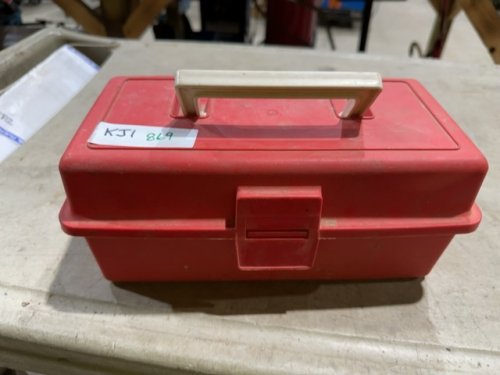 Small red plastic tacklebox and contents