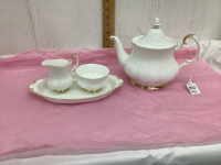 ROYAL ALBERT “VAL D’OR” TEAPOT, CREAM+SUGAR WITH TRAY