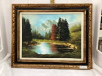 VINTAGE PAINTING ON CANVAS - MOUNTAIN SCENE