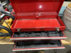 Red steel three drawer toolbox