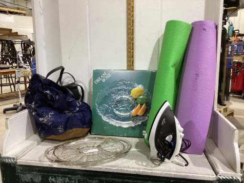 BOX W/ YOGA MATS, GLASS PLATTERS, IRON, MISC BAGS