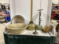 BOX W/ ENAMEL PANS, GAS LANTERN, BRASS HEATER OLD BALL GLOVE