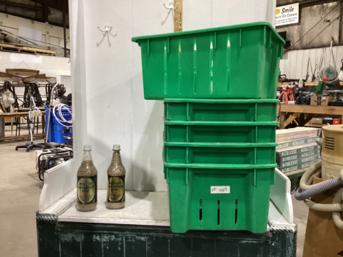 (5) GREEN PLASTIC BINS & (2) BOTTLES FILLED WITH RYE SEED