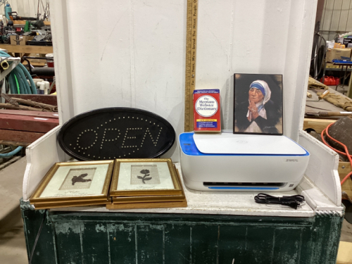 (2) PIECES - HP PRINTER, “OPEN” LED SIGN, PICTURES