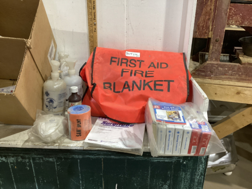 FIRST AID ITEMS - FIRE BLANKET, EYE WASH ITEMS, GAUZE, SPLINT, BANDAGES