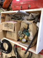 BOXFUL OF MISC SHOP ITEMS - NAILS, LARGE WRENCH, HACKSAW, STAPLES, REGULATOR -ACETYLENE