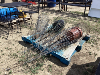 PALLET W/ TOMATOE CAGES & CUT-OUT PLANT POTS