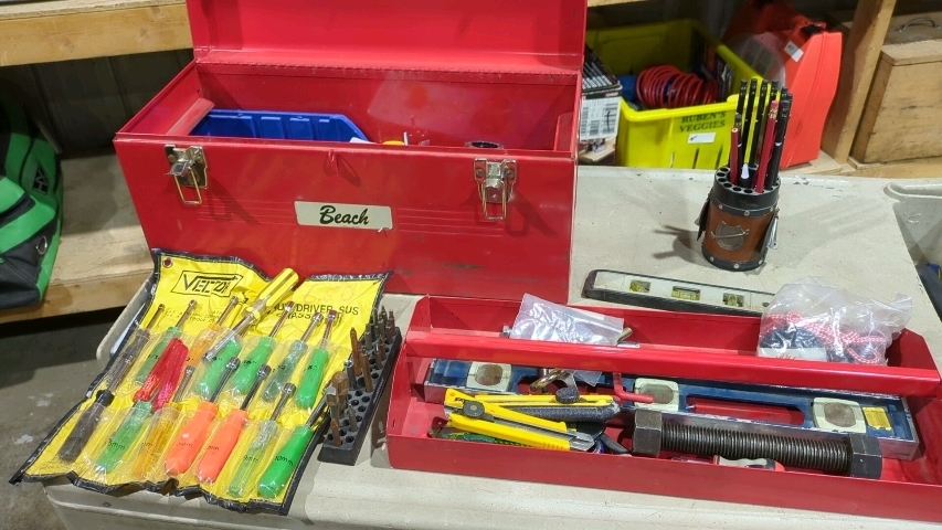 BEACH TOOLBOX WITH ASSORTED TOOLS