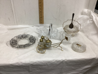 (2) SMALL BOXES OF MISC GLASSWARE PIECES - CREAM & SUGAR, SMALL SILVER INLAY PLATTER, REPLICA CHICKEN PIN DISH, ETC