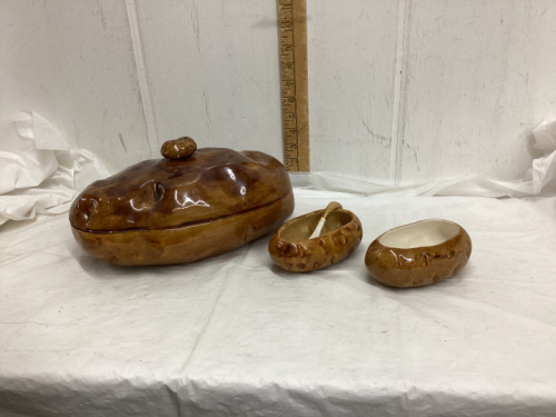 CERAMIC POTATOE ROASTER & (2) CONDIMENT DISHES