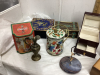 BOX OF MISC TINS, METAL TRAIN BANK, METAL “OLD” CAR (MUSICAL - UNKNOWN IF WORKING) - 3