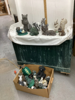 LARGE BOX OF GARDEN ORNAMENTS - CARTS, SQUIRELL, FROGS, FAWN, ETC