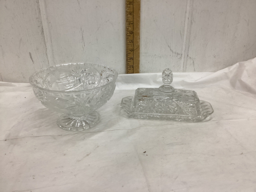 (2) PIECES PINWHEEL CRYSTAL - BUTTER DISH - COVERED & SMALL PEDESTAL BOWL