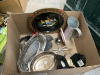 BOX OF MIXED METALS - SILVERPLATE, BRASS, COPPER, PEWTER - 4