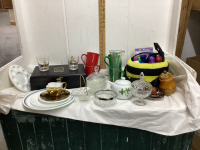 (2) BOXES W/SMALL TEAPOT & 2 CUPS, MUGS, BINGO DABBERS, GLASS CANDY DISHES