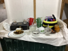 (2) BOXES W/SMALL TEAPOT & 2 CUPS, MUGS, BINGO DABBERS, GLASS CANDY DISHES