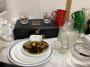 (2) BOXES W/SMALL TEAPOT & 2 CUPS, MUGS, BINGO DABBERS, GLASS CANDY DISHES - 2