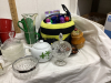 (2) BOXES W/SMALL TEAPOT & 2 CUPS, MUGS, BINGO DABBERS, GLASS CANDY DISHES - 3