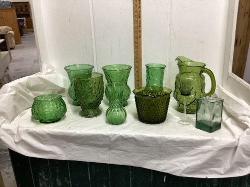 GREEN GLASSWARE - VASES, WATER PITCHER