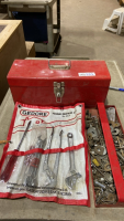 RED TOOLBOX WITH MISC TOOLS AND WASHERS, SCREWS, BOLTS