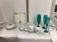 BOX W/ DISH SETS, BLUE CHAMPAGNE GLASSES, VASE, CANDY DISH, ETC