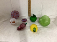 GLASS FRUIT & VEGGIES & (3) GLASS BAUBLES