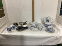 BLUE & WHITE DISHES - TEAPOTS, SMALL CUP & SAUCER, ETC