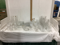 BOX W/ CRYSTAL GLASSWARE - WATER PITCHER, WINE GLASSES, TUMBLERS ETC