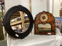 PICTURE/CLOCK ON WOOD, LARGE ROUND MIRROR
